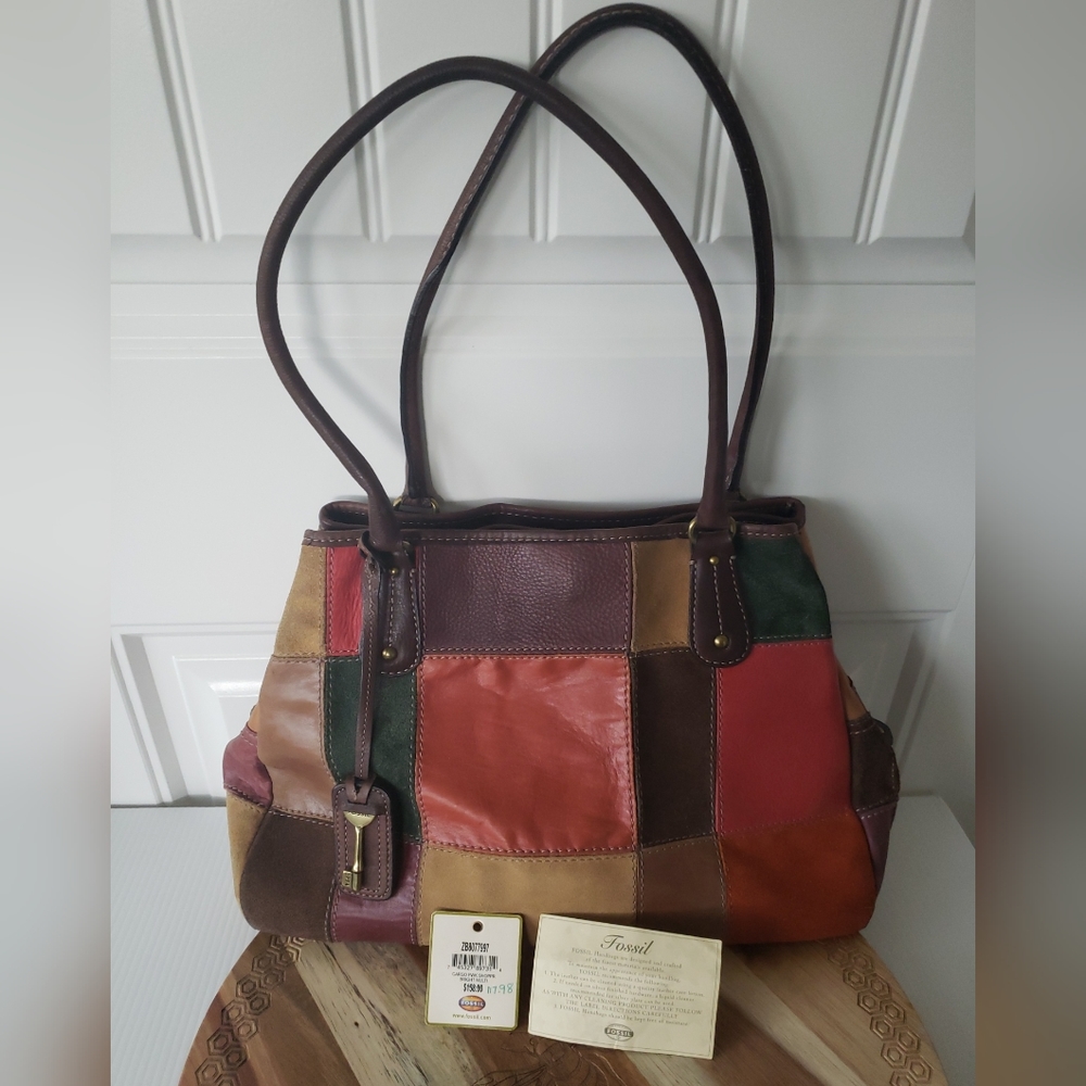 Fossil 1954 Suede Leather Multi Color Patchwork Double Handle Satchel key Fob - Picture 1 of 6